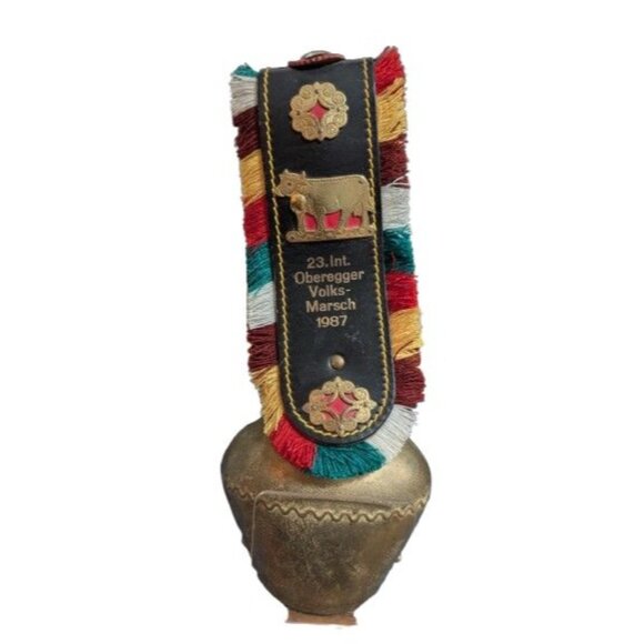 Large Cow Bell Ornate Leather Strap Wide Switzerland Italy Heavy Duty Metal 12in